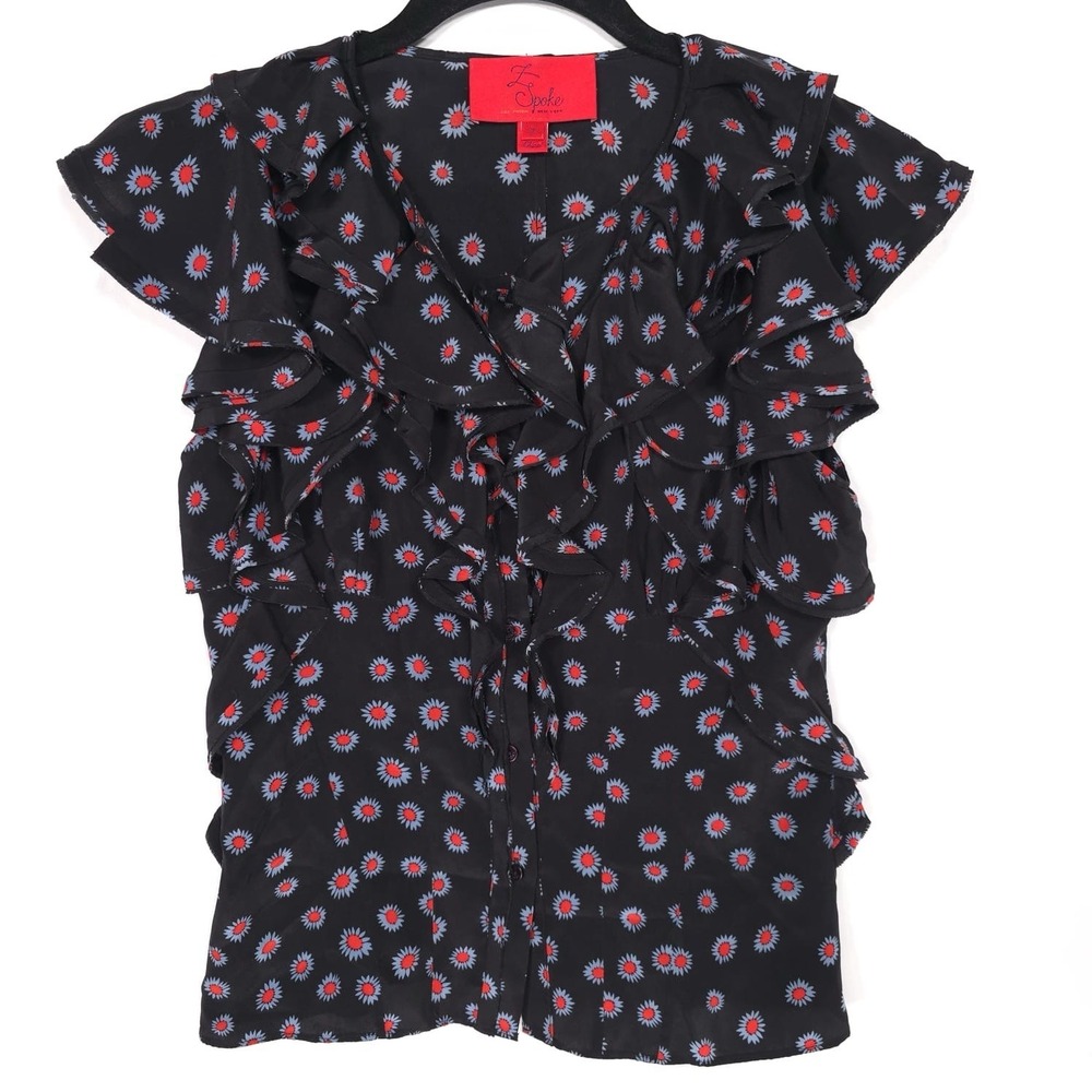 ZAC POSEN NEW YORK Z Spoke Top Size 2 Ruffle 100%‎ SILK Black Floral